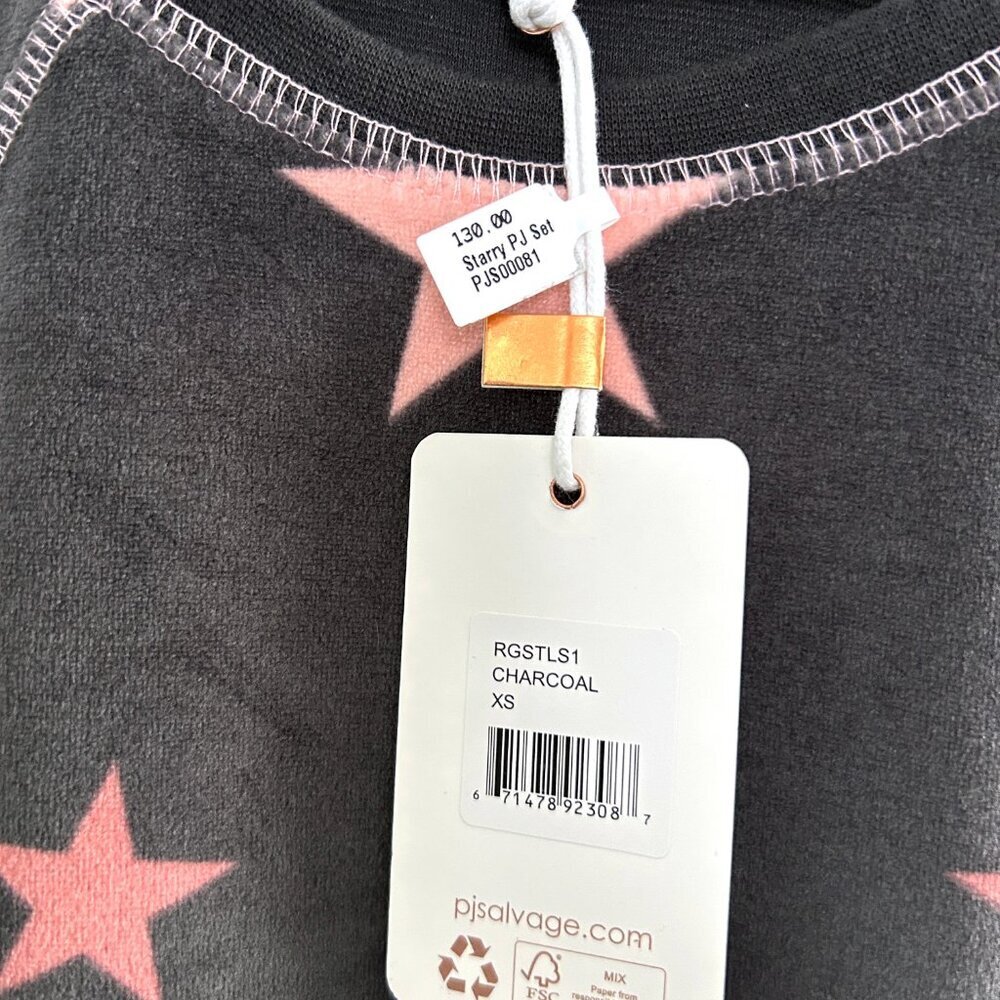 PJ Salvage Silky Velour Star Pajama Top XS Charcoal Gray Soft Luxe Sleep Lounge - Picture 4 of 9